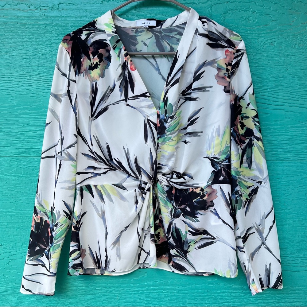 REISS Maria Twist-Front Floral-Print V-Neck Long Sleeve Top - Picture 2 of 10
